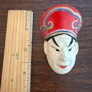 Rare Vintage Asian Figurine Doll Head Red Cap Gold Scrollwork Fong Inn Tag